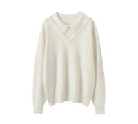 Women's Merino Wool Sweater, Loose and Soft White Lapel Pullover