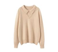 Women's Merino Wool Sweater, Loose and Soft White Lapel Pullover