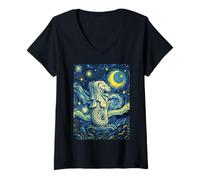 Women's Merlion Singapore Starry Night Art History Present V-Neck T-Shirt