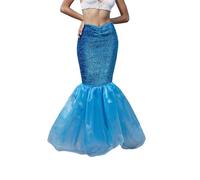 Women's Mermaid Costume with Tulle Hem Glitter Sequin Skirt Halloween Cosplay Outfits (A-Blue, M)