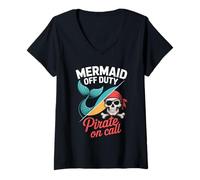 Womens Mermaid Off Duty Pirate On Call Funny Design V-Neck T-Shirt