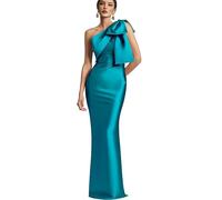 Women's Mermaid Satin Cocktail Dresses Satin Long Prom Dresses One Shoulder Bow Sleeveless Bridesmaid for Wedding Aqua S