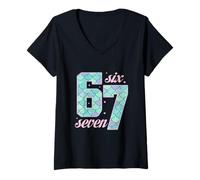 Womens Mermaid Shed Pattern 67 Six Seven Cute Meme Trend Girls V-Neck T-Shirt