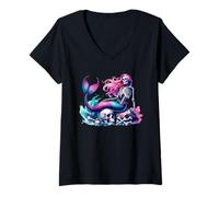 Womens Mermaid Skull Ocean Wave Siren Skeleton Sea V-Neck T-Shirt