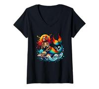 Womens Mermaid Skull Ocean Wave Siren Skeleton Sea V-Neck T-Shirt