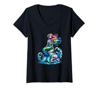 Womens Mermaid Skull Ocean Wave Siren Skeleton Sea V-Neck T-Shirt