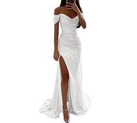 Women's Mermaid Strapless Prom Dresses Sexy A Line Sequin Dress Glitter Tulle Wedding Dresses with Slit Off Shoulder Prom Dresses Long Evening Dresses Fashion Party Dress, O silver., XL