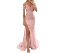 Women's Mermaid Strapless Prom Dresses Sexy A Line Sequin Dress Glitter Tulle Wedding Dresses with Slit Off Shoulder Prom Dresses Long Evening Dresses Fashion Party Dress, P Pink, S