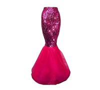 Women's Mermaid Tail Sequin Maxi Skirt Costume Metallic Hologram Shiny Fishtail Dress Ruffled Asymmetric Skirt (A-Rose, M)