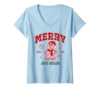 Womens Merry and Bride Christmas Bachelorette Disco Retro Cookie V-Neck T-Shirt