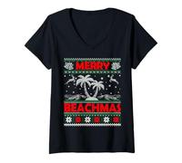 Womens Merry Beachmas Palm Tree Beach Christmas V-Neck T-Shirt