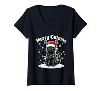 Womens Merry Catmas Reindeer Black Cat Christmas Lights Cat Lovers V-Neck T-Shirt