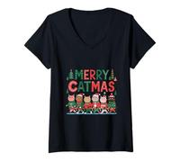 Womens Merry Catmas Shirt Cute Cats Christmas March Snow V-Neck T-Shirt