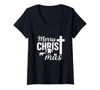 Womens Merry Christ-Mas Christian Jesus Christmas Nativity Scene V-Neck T-Shirt
