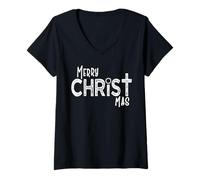 Womens Merry Christ-Mas Minimal Christian Religious Christmas V-Neck T-Shirt