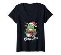 Womens Merry Christmas Cute Frog Santa with Candy Cane V-Neck T-Shirt