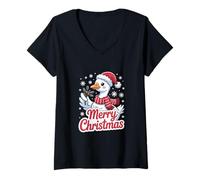 Womens Merry Christmas Cute Goose Santa Hat Mistletoe Snow V-Neck T-Shirt