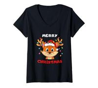 Womens Merry Christmas Fox with Santa Hat & Lights | Cute Holiday V-Neck T-Shirt