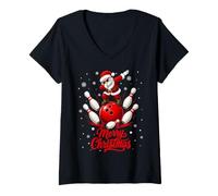 Women's Merry Christmas Funny Santa Bowling V-Neck T-Shirt