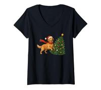 Women's Merry Christmas Golden Retriever Goldie Santa Hat Tree V-Neck T-Shirt