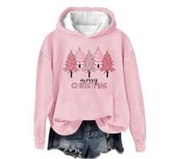 Womens Merry Christmas Jumper UK Ladies Christmas Hooded Sweater Tree Print Sweatshirt Long Sleeve Pullover Crew Neck Jumpers Xmas Shirt Holiday Blouse Plus Size Tops Party Costumes Pink