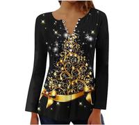 Womens Merry Christmas Jumpers Long Sleeve Shirts Casual Pullover Christmas Tree Printed Sweatshirt V Neck Button Up Blouse Loose Tunic Tshirts Cute Flowy Henley Tshirt Xmas Jumper S-3XL