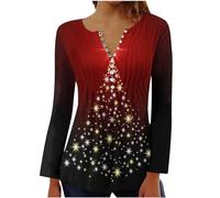 Womens Merry Christmas Jumpers Long Sleeve Shirts Casual Pullover Christmas Tree Printed Sweatshirt V Neck Button Up Blouse Loose Tunic Tshirts Cute Flowy Henley Tshirt Xmas Jumper S-3XL