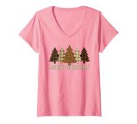 Womens Merry Christmas Melanin Plaid Leopard Tree Cozy Winter V-Neck T-Shirt