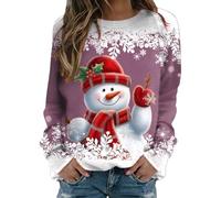 Womens Merry Christmas Print O Neck Crew Neck Pullover Tops Casual Long Sleeve Workout Shirts Loose Blouse, Light purple, S