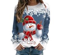Womens Merry Christmas Print O Neck Crew Neck Pullover Tops Casual Long Sleeve Workout Shirts Loose Blouse, blue, XXL