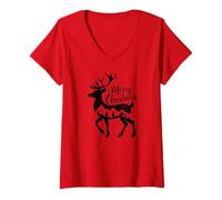 Womens Merry Christmas Reindeer Silhouette Forest Scene Holiday V-Neck T-Shirt