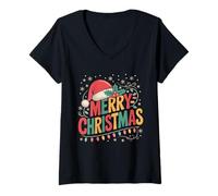 Womens Merry Christmas Santa Hat with Colorful Holiday Xmas Lights V-Neck T-Shirt