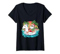 Womens Merry Christmas Santa Relaxing On Float Unicorn Hawaiian V-Neck T-Shirt