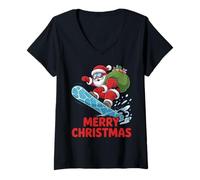 Womens Merry Christmas Santa Riding a Snowboard Funny Snowboarding V-Neck T-Shirt