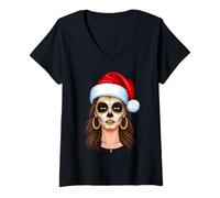 Womens Merry Christmas Skull Art Girls Santa Hat Festive Design Mom V-Neck T-Shirt