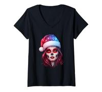 Womens Merry Christmas Skull Art Girls Santa Hat Festive Design Mom V-Neck T-Shirt