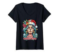 Womens Merry Christmas Skull Art Woman Santa Hat Festive Design V-Neck T-Shirt