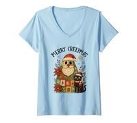 Womens Merry Creepmas Santa Black Cat Holiday Fun V-Neck T-Shirt
