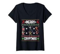 Womens Merry Cryptmas Dabbing Cryptid Monsters Scary Ugly Christmas V-Neck T-Shirt