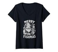 Womens Merry Fishmas Vintage Santa Fishing Christmas V-Neck T-Shirt
