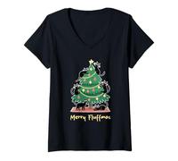 Women's Merry Fluffmas Black Cats Christmas Tree Holiday V-Neck T-Shirt