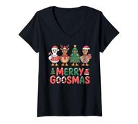 Womens Merry Goosmas Cute Holiday Farm Goose Christmas Fun V-Neck T-Shirt