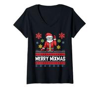 Womens Merry Mixmas Santa Funny Christmas Music Producer DJ V-Neck T-Shirt
