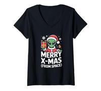 Womens Merry X Mas from Space Alien Santa Christmas Humor V-Neck T-Shirt