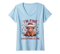 Womens Merry Xmas Lights It's Fine I'm Fine Everything Fine Cow V-Neck T-Shirt