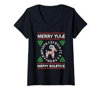 Womens Merry Yule Happy Solstice Goat Wiccan Christmas Yuletide V-Neck T-Shirt