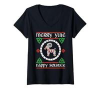 Womens Merry Yule Happy Solstice Yuletide Goat Wiccan Christmas V-Neck T-Shirt