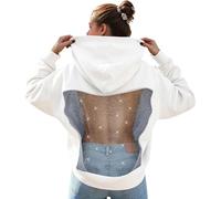 Womens Mesh Back Hoodie Glitter Mesh Pullove Backless Sweatshirts For Women Long Sleeve Backless See Through Top Oversized Hoodies Fashion Solid Color Hooded Sweatshirt (3-White, XS)