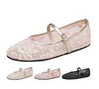 Women's Mesh Ballet Flats, Floral Embroidery, Mary Jane Strap, Round Toe | Embroidered mesh upper, round toe, instep strap, slip-on opening, flat sole, office, commuting, dinners and daily wear