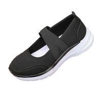 Women's Mesh Breathable Casual Mary Jane Sneakers Elastic Cross Strap Walking Flats Lightweight Breathable Working Nurse Shoes (4,Black)